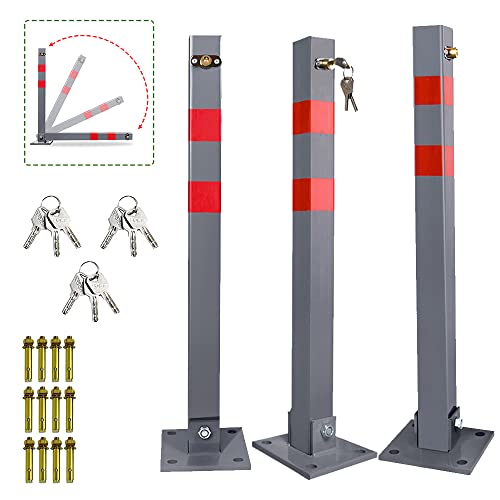 Ansobea 3x Parkpfosten mit 3 Schlüssel klappbar Absperrpfosten, Stahl Parkplatzsperre Parkplatzsperren mit Reflexstreifen, Robust Standfuß Sperrpfosten Set von Ansobea