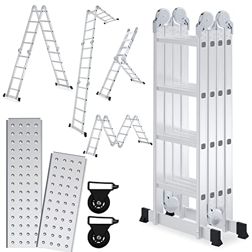 Ansobea 4.7M Aluminium Mehrzweckleiter 4x4 Stufen, Multifunktionsleiter mit plattform, Leiter mit 2 Gerüstplatten, Trittleiter bis 150 kg, Klappleiter 16 Stufen, Silber von Ansobea