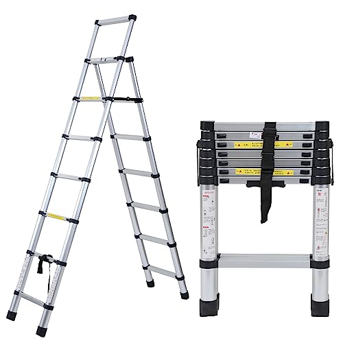 Ansobea Aluminium Teleskopleiter Klappleiter 2.0m+2.3m, A-Rahmen 6 +7 Stufen, Mehrzweckleiter 150kg Tragkraft, EN131 von Ansobea