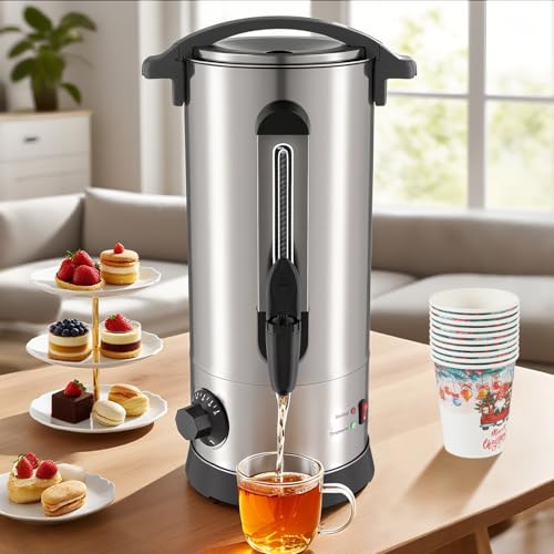 Ansobea Glühweinkocher 10L, 1500W Glühweinkocher mit Zapfhahn Thermostat,Glühweintopf Edelstahl mit Wasserstandsanzeige, Einstellbare Temperatur von 30-110°C,Heißgetränkeautomat 10x Becher,Silber von Ansobea