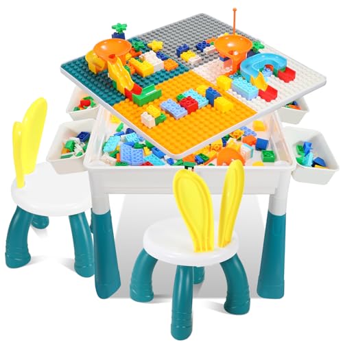 Ansobea Kindertisch mit 2 stühlen Spieltisch Kinder mit 251 Bausteine,Multifunktionaler Aktivitätstisch ab 2 Jahre mit stauraum,Kreativen Baustein Gaming Tisch Bausteine Set von Ansobea