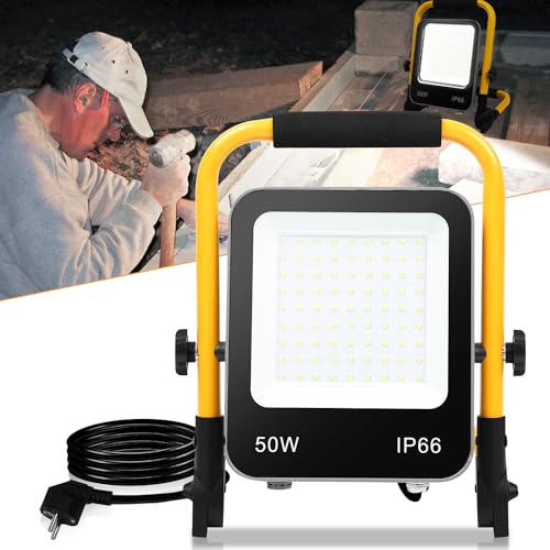 Ansobea LED Baustrahler 50W 5100LM x2, arbeitsleuchte led akku 6000K Tageslichtweiß, LED baustellenlampe mit Stecker, baustellenlampe mit 3M Kabel und Wasserdicht IP66 für Baustelle Garage von Ansobea
