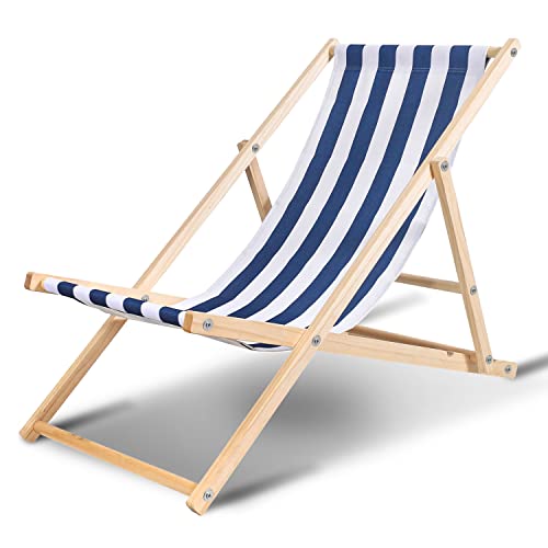 Ansobea Liegestuhl klappbar Holz,Gartenliege Klappbar 120kg max,Verstellbar Liegestuhl Garten wetterfest Sonnenliege Holz Relaxliege Garten für Camping Balkon Pool,Blaue und weiße von Ansobea