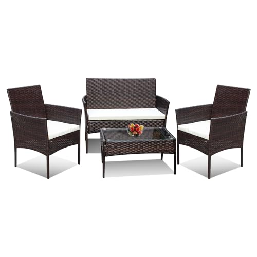 Ansobea Polyrattan Gartenmöbel Set,4 Personen mit 2er Sofa 2 Stühle Tisch & Sitzkissen wetterfest Sitzgruppe,Braun Terrassenmöbel Balkonmöbel Set für Garten Terrasse und Balkon von Ansobea