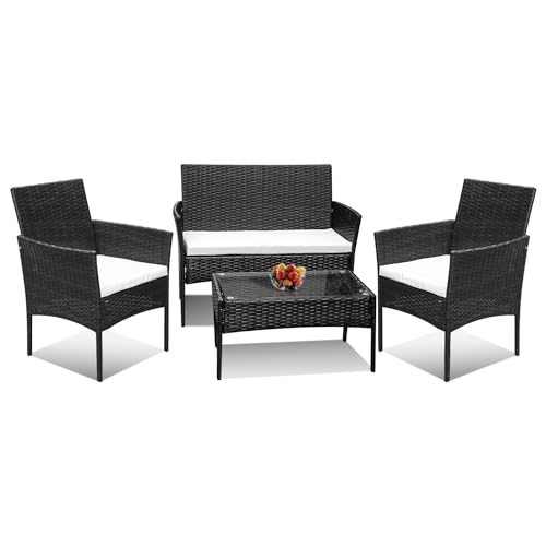 Ansobea Polyrattan Gartenmöbel Set,4 Personen mit 2er Sofa 2 Stühle Tisch & Sitzkissen wetterfest Sitzgruppe,Schwarz Terrassenmöbel Balkonmöbel Set für Garten Terrasse und Balkon von Ansobea