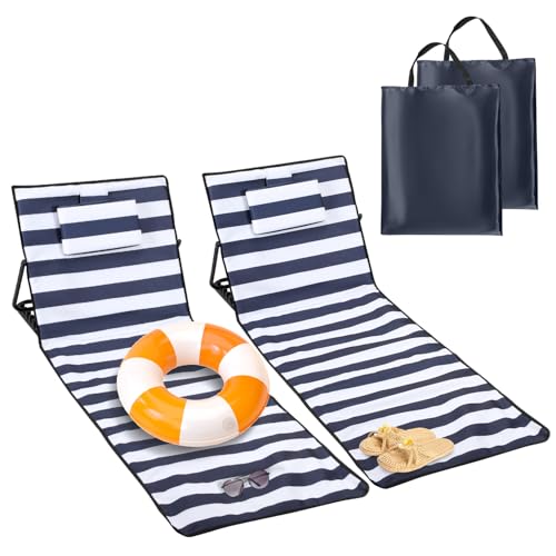 Ansobea Strandliege Klappbar leichtr,2er Set strandmatten gepolstert,Strandliege mit Handtasche,Staufächern,eingebautes Kissen mit 5-Gang-Einstellung (158cm,Blau-Weiß-Streife) von Ansobea