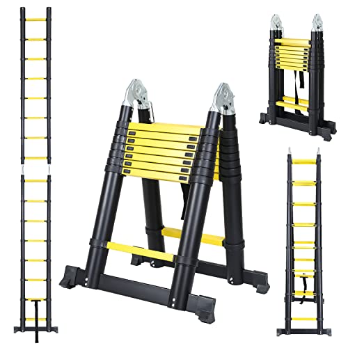Ansobea Teleskopleiter 5m(2.5m+2.5m) mit Abnehmbarem Haken, Aluminium Klappleiter Ausziehbar, Mehrzweckleiter Teleskopleitern, Belastung 150 kg, Schwarz Gelb von Ansobea