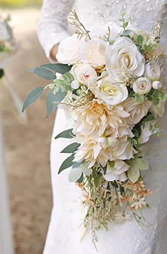 Ansofi Brautstrauß im Wasserfallstil mit beigen Rosen, künstlicher Brautstrauß für Boho-rustikale Hochzeit, Zeremonie und Jubiläum von Ansofi