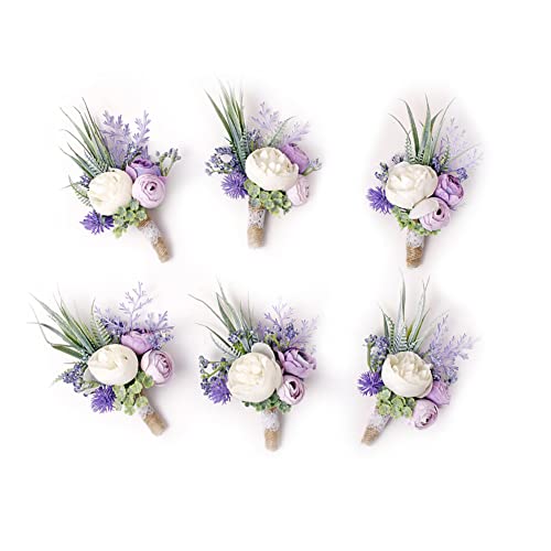 Ansofi Set mit 6 lila Ansteckblumen für Trauzeugen, Bräutigam, Trauzeugen, weiße Knopflöcher für Hochzeit, Party, Abschlussball, Dekoration Ansofi Set mit 6 lila Ansteckblumen für Trauzeugen, Bräutigam, Trauzeugen, weiße Knopflöcher für Hochzeit, Party, Abschlussball, Dekoration von Ansofi