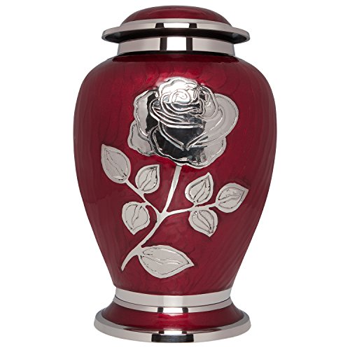 Ansons Urns Silberne Rose Urne – Beerdigungsurne mit großer Blume auf roter Emaille – Begräbnisurne für menschliche Asche Erwachsenengröße – 100% Messing von Ansons Urns