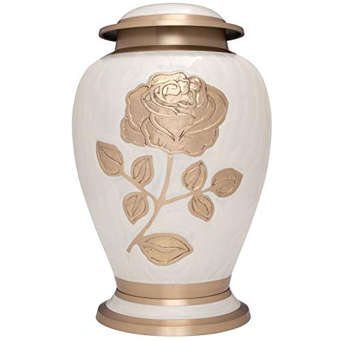 Ansons Urns Urne mit silberfarbener Rose – Beerdigungsurne mit großer Blume auf Emaille – Urne für menschliche Asche Erwachsenengröße – 100% Messing (Weißgold) von Ansons Urns