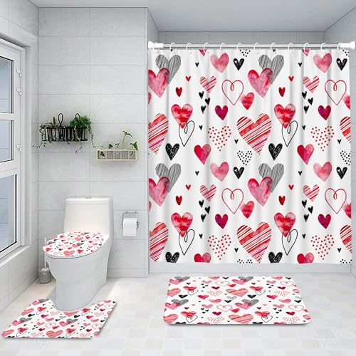 Ansouyi 4-teiliges Badezimmer-Duschvorhang-Set mit rutschfesten Teppichen, WC-Deckelbezug und Badematte, schöne rote Aquarell-Herzen, langlebig, wasserdicht, Duschvorhang für Badezimmer, Set mit 12 von Ansouyi