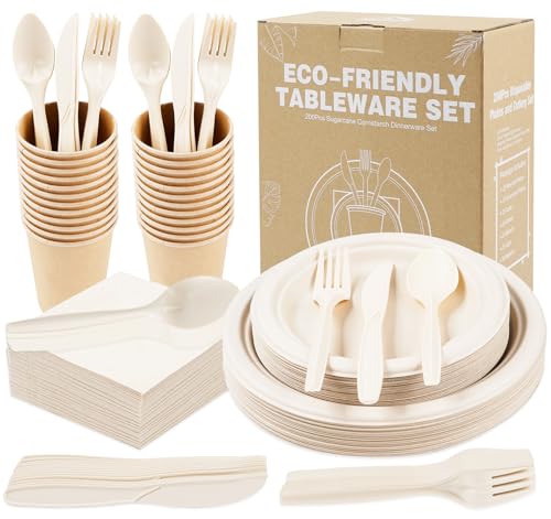 Anstore 200 Stück Pappteller Set Biologisch Abbaubares Kompostierbare Robuste Party Teller Set, Pappteller Geburtstag mit Gabeln, Messer, Löffel, Teller, Becher, Servietten für 25 Gäste Anstore 200 Stück Pappteller Set Biologisch Abbaubares Kompostierbare Robuste Party Teller Set, Pappteller Geburtstag mit Gabeln, Messer, Löffel, Teller, Becher, Servietten für 25 Gäste von Anstore