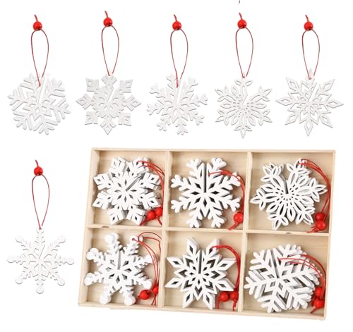 Anstore 24 Stück Schneeflocken aus Holz - 6 Designs (4 STK/Design) Christbaumschmuck, Weihnachtsschmuck mit Schnur als Holzdeko zum Basteln - 7cm von Anstore
