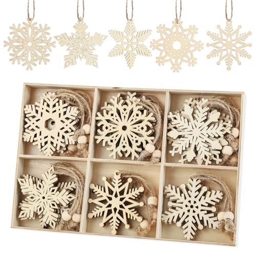 Anstore 30 Stück Christbaumschmuck Holz Schneeflocken Holzdeko Weihnachtsbaumschmuck Protokoll Verzierung Holzscheiben für Tischdeko Winterdeko von Anstore