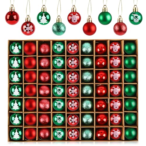 Anstore 63pcs Weihnachtskugeln Plastik, Schöne Christbaumkugeln Rot Grün Weihnachtsbaum Deko & Christbaumschmuck, 3cm-Glänzend Weihnachtsdeko von Anstore