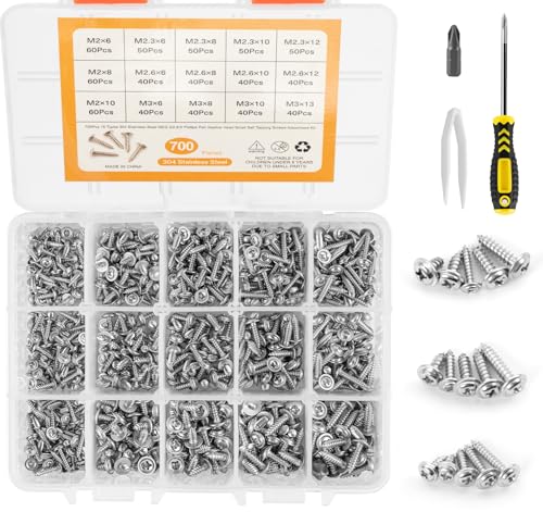 Anstore 700 Tellerkopfschrauben Set, M2 M2.3 M2.6 M3 Edelstahl Holzbauschraube mit Aufbewahrungsbox, Schraubschrauber, Bohrer, Kunststoffpinzen, 15 Größen Blechschrauben Linsenkopfschrauben Silber von Anstore