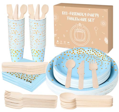 Anstore Pappteller Blau mit Goldenen Punkten, 200 Stück Wiederverwendbar Partygeschirr Set mit Gabeln Messer Löffel Servietten Teller Becher, 25 Gäste Partyteller Besteck für Geburtstag, Hochzeiten von Anstore