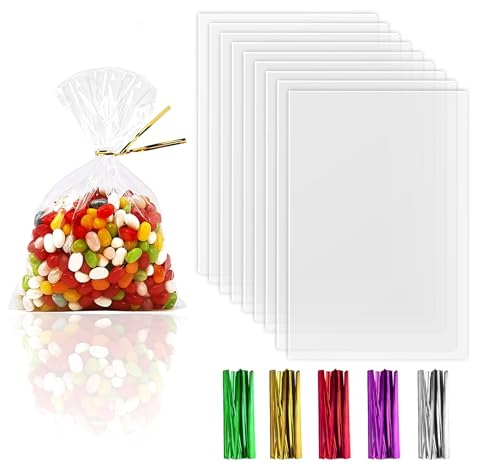 Anstore Süßigkeiten Tüten Klein Durchsichtige 8x12cm, 200 Zellophantüten Transparent Kekstüten mit 200 Bunt Metallischen Bindebaender für Hochzeit Weihnachten Geschenktaschen Kindergeburtstag Tütchen von Anstore