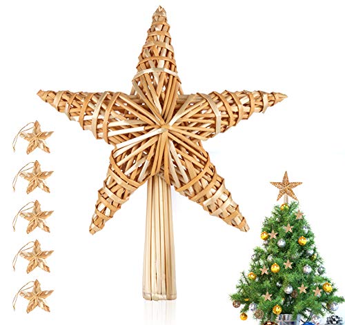 Anstore Weihnachtsbaum Spitze 30 cm Stroh-Baumspitze Natur - Christbaumspitze Stern aus Stroh mit 5 Strohsterne Ø 5 cm - Strohsterne Baumschmuck Christbaumschmuck von Anstore