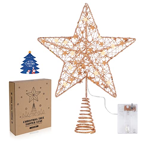 Anstore Weihnachtsbaum Stern, Weihnachtsbaumspitze Stern aus Metall, Roségold Glitzer Weihnachtsbaum Topper Stern mit 30 LED, Christbaumspitze Stern Weihnachtsschmuck, 30 cm - Blinkbare Lichter von Anstore