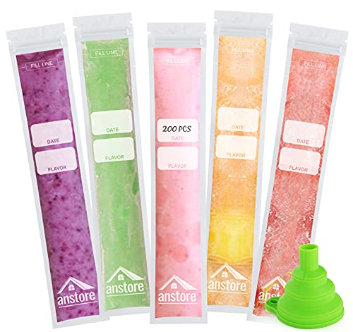 Wassereis Tüten, Anstore 200 Stück Eisformen für Eistüten zum Befüllen mit Trichter, 28x5,5cm Bussy Wassereis Formen Popsicle Taschen, BPA-frei Wassereistüten mit Zip-Siegel für Eiswürfelbeutel von Anstore