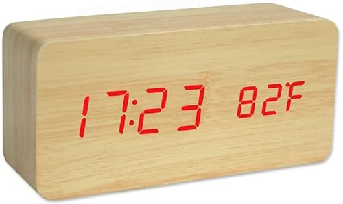 AntDau71 - Digitaler Wecker für den Nachttisch in Holzoptik - Multifunktions-LED-Display mit Anzeige von Zeit, Datum, Temperatur und Sprachsteuerung für Reisen ins Büro (gelb) von AntDau71