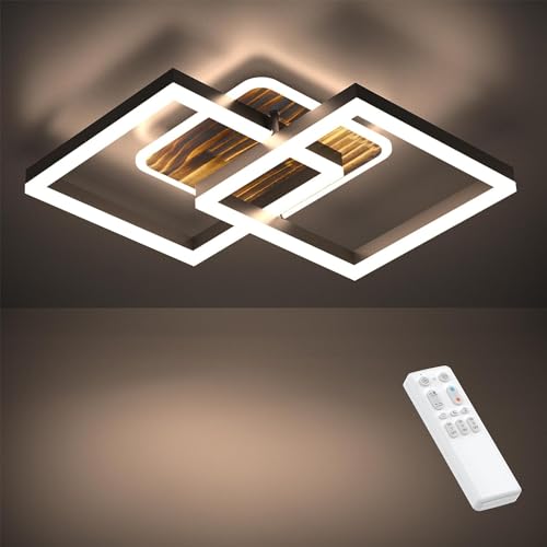 Anten LED Deckenlamape Wohnzimmer Vintage Geometrisch, 40W Wohnzimmerlampe mit Fernbedienung Stufenlos Dimmbar 3000-6500K, Deckenleuchte aus Metall für Wohnzimmer Schlafzimmer, Schwarz mit Holz von STEO