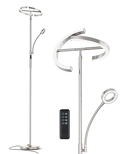 Anten Stehlampe Dimmbar LED KAKA- | Silber-Stehleuchte 20W mit flexibler 7W Leselampe | Modern deckenfluter mit fernbedienung mit 4 Farbtemperatur für Wohnzimmer, Schlafzimmer, Büro, Hotel von STEO