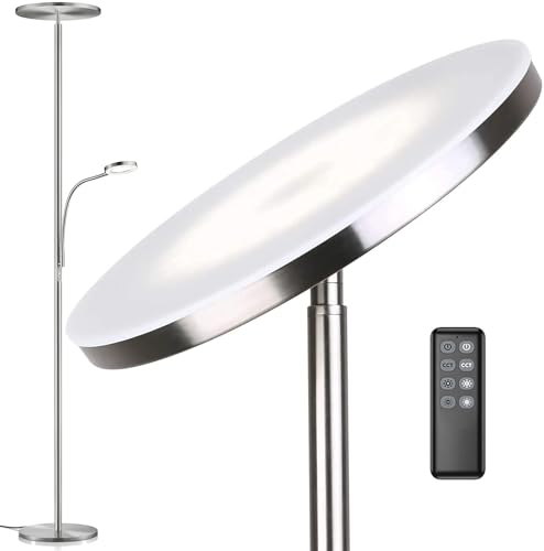 Anten Deckenfluter Klara mit Leselampe | Nickel matt | 30W dimmbare Led Stehlampe mit Fernbedienung | 3 Lichtfarbe | Helligkeit stufenlos einstellbar | helle Stehlampen für Wohnzimmer Büro. von STEO