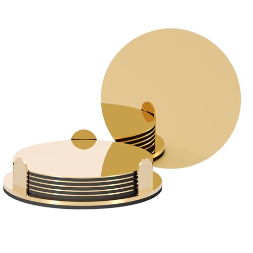 Anterrific Goldene Edelstahl-Untersetzer mit Halter, moderner Spiegel-Getränkeuntersetzer, 6er-Set, einzigartige runde Tassenuntersetzer mit rutschfestem EVA-Boden, Einweihungsdekoration für Kaffeebar Anterrific Goldene Edelstahl-Untersetzer mit Halter, moderner Spiegel-Getränkeuntersetzer, 6er-Set, einzigartige runde Tassenuntersetzer mit rutschfestem EVA-Boden, Einweihungsdekoration für Kaffeebar von Anterrific