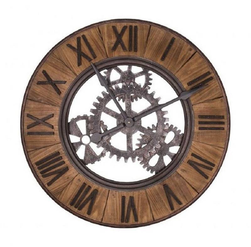 AnticLine Wanduhr Wanduhr Uhr D 80cm Holz Metall Rund Industrial Factory Antic Line von AnticLine