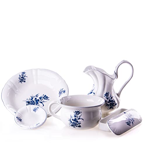 Altes Waschset aus Keramik mit blauen Blumenmuster Vintage Krug, Waschschüssel, Nachttopf, Seifenschale, und Kammschale von Antik 2000