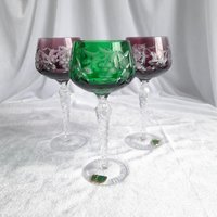 Vintage Cut To Clear Deutsche Kristall Weingläser Amethyst Lila Und Smaragd von AntikGift