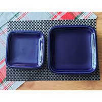 Vintage Höganäs Kobalt Blauer Keramik Dessert Teller Set 4, Schweden, 1950Er Jahre von AntikHausCrafts