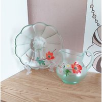 Vintage Matte Hellgrüne Glas Schale Und Krug Set 2, Mohnblumen Druck, Grüne Kanne von AntikHausCrafts