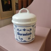 Altes Kleines Marmeladenglas Porzellan Mit Deckel Blau Strohblume Vintage Jäger Saks von AntikStorys