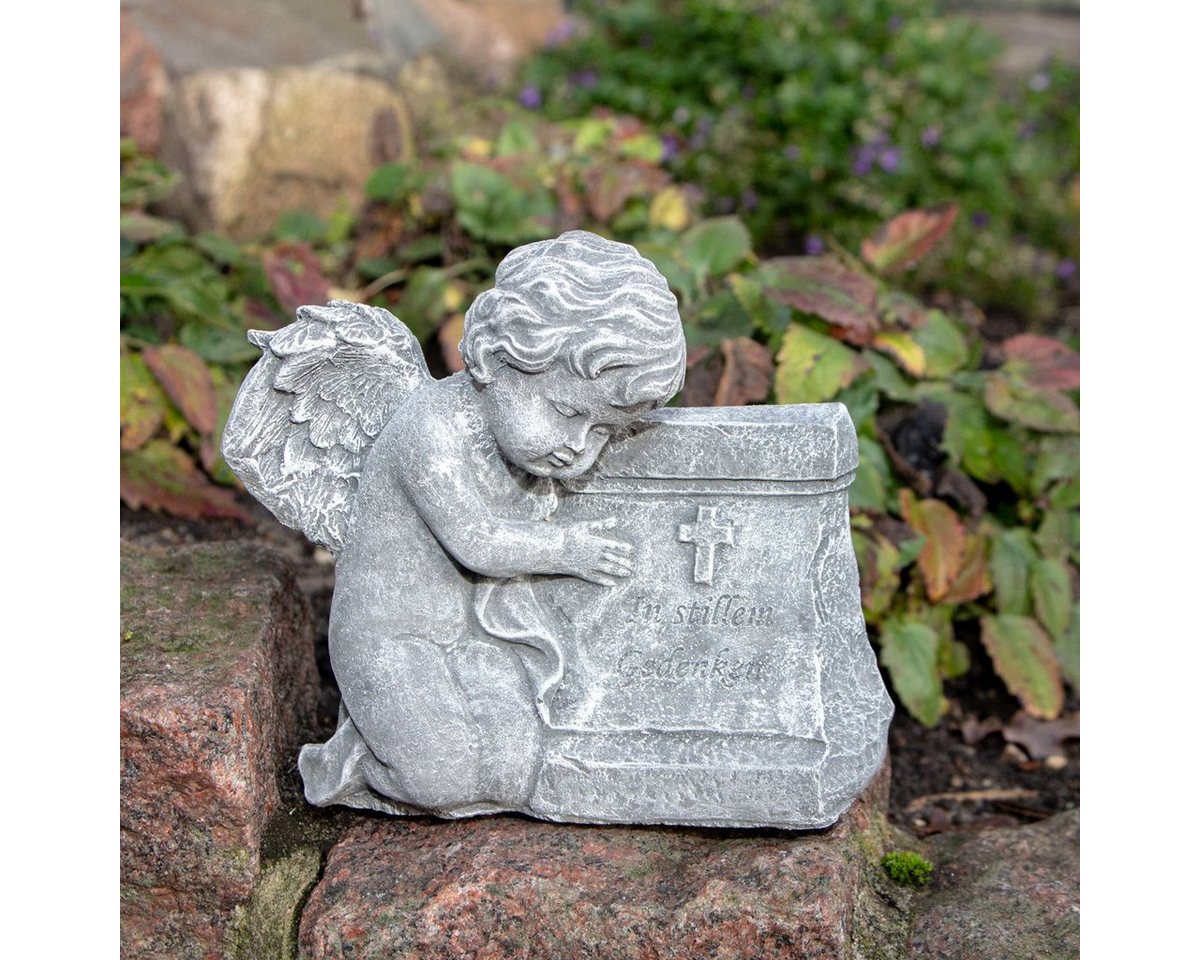 Antikas Gartenfigur Engel, Skulptur, Grab, Steinsockel, Stein, Grau, H 17,5 x B 18,0 cm von Antikas