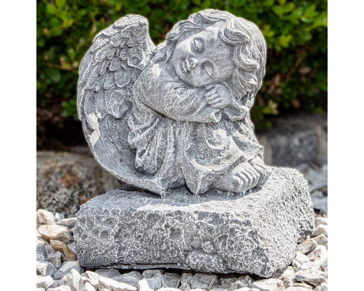 Antikas Gartenfigur Engel, Skulptur, groß, Steinsockel, Stein, Grau, H 22,5 x B 18,5 cm von Antikas