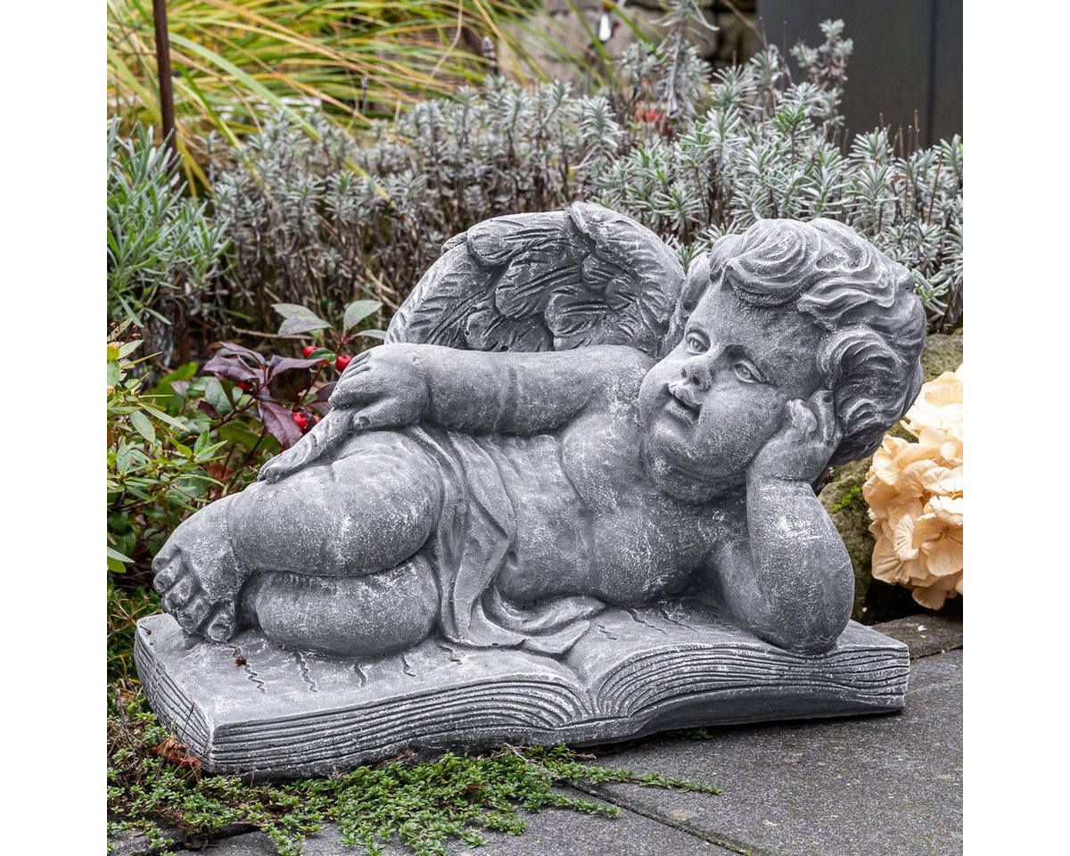 Antikas Gartenfigur Engel auf Buch, Steinguss, grau, H 23 cm x T 16 cm von Antikas