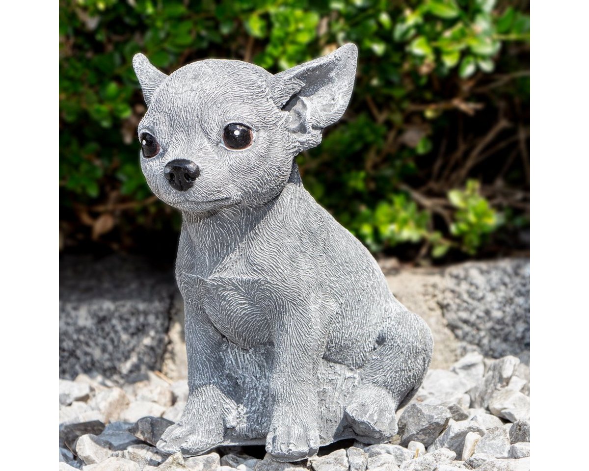 Antikas Gartenfigur Hundewelpe, Skulptur, klein, Chihuahua, Stein, Grau, H 17,5 x B 11,0 von Antikas