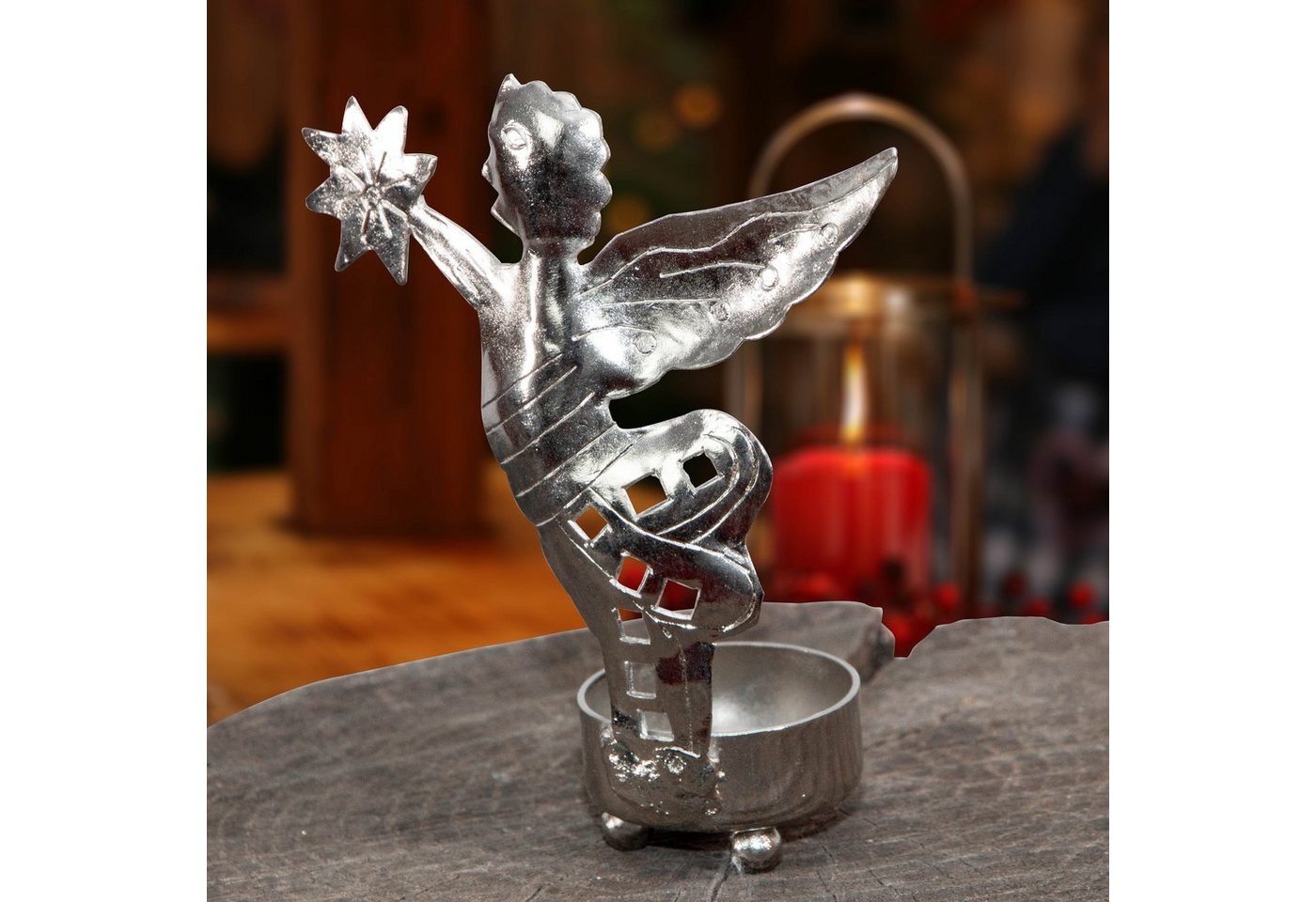 Antikas Kerzenhalter Teelichthalter Engel, Metall silber lackiert, Weihnachtsdeko von Antikas