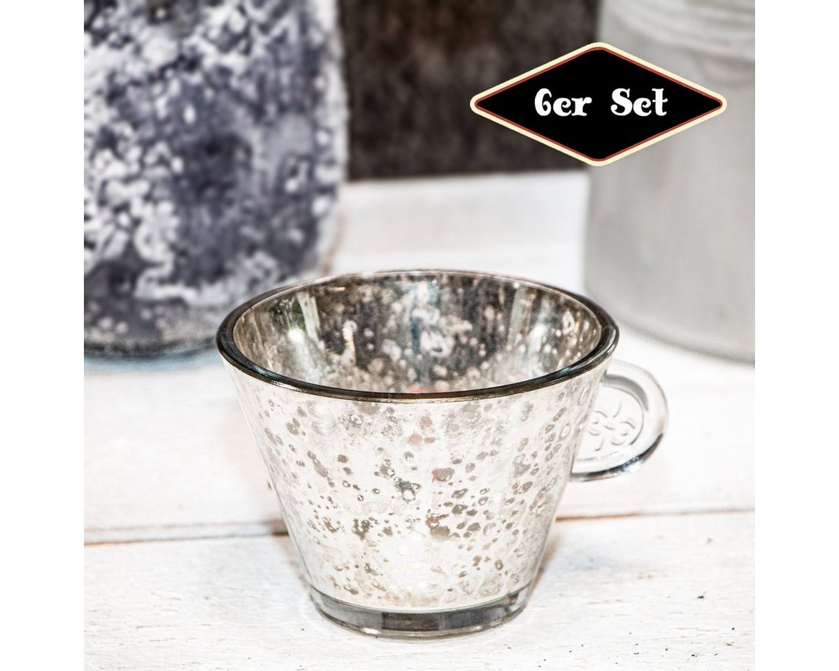 Antikas Kerzenhalter Teelichtset, 6er, Tassenform, Chabby Chic, Glas, Silber, H 7,2 x B von Antikas
