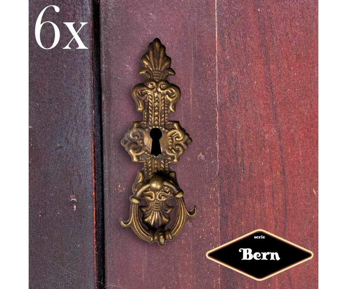 Antikas Möbelbeschlag Schlüsselplatte mit Griff, Eisen in Antikmessing, Serie "Bern", 6er von Antikas