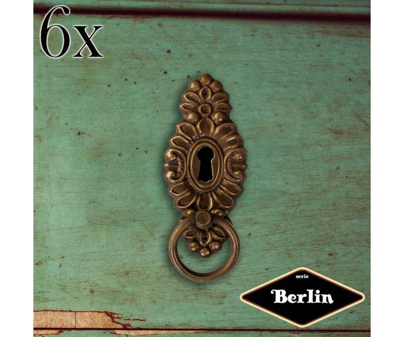 Antikas Möbelbeschlag Schlüsselplatte mit Griff, Eisen in Messing pat., Serie "Berlin", 6er von Antikas
