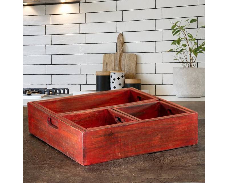 Antikas Wanddekoobjekt 4er Tablettset aus Holz, Rot, Serviertablett Landhausstil von Antikas