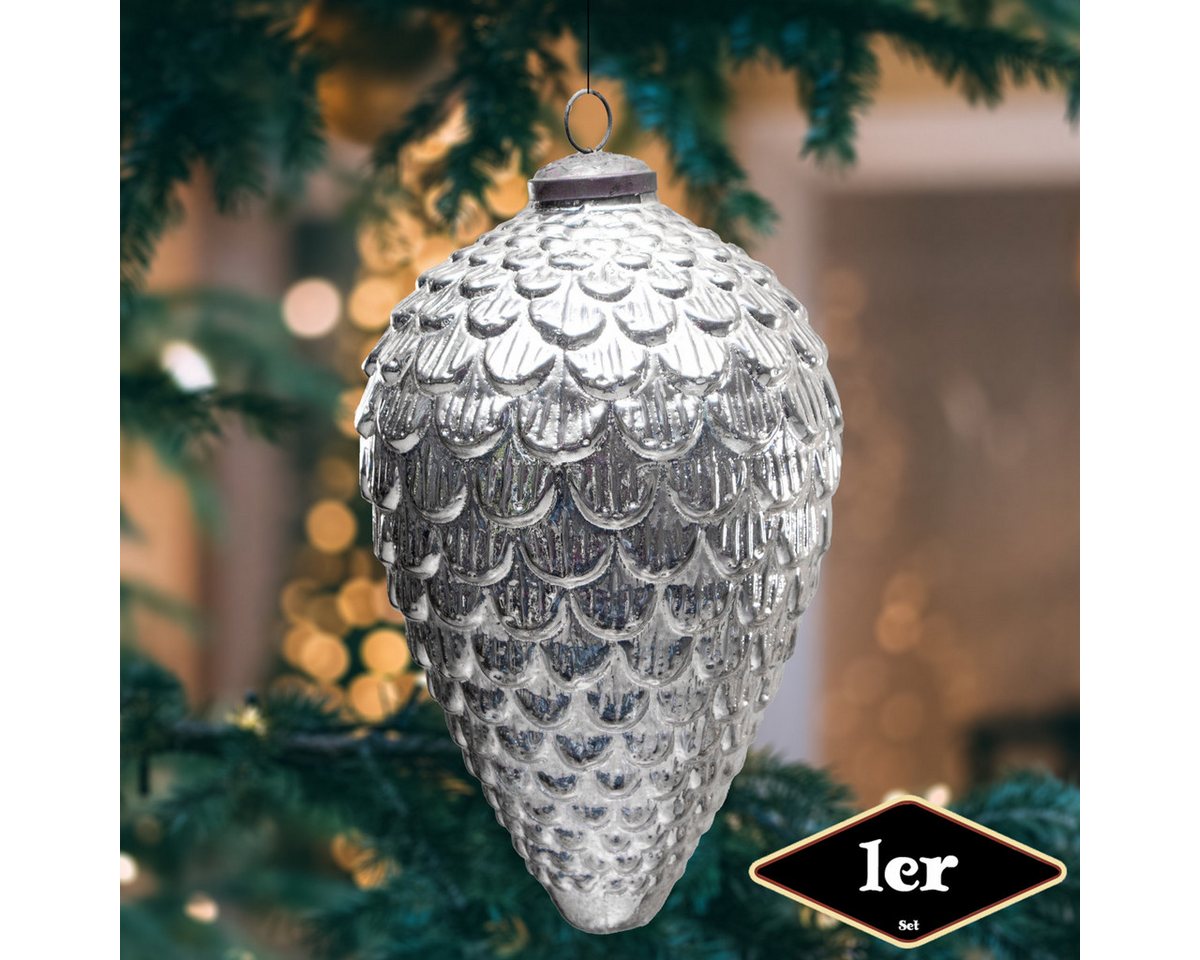 Antikas Weihnachtsfigur Christbaumkugel in Zapfen-Form,XXL, Glas, Silber, Struktur von Antikas
