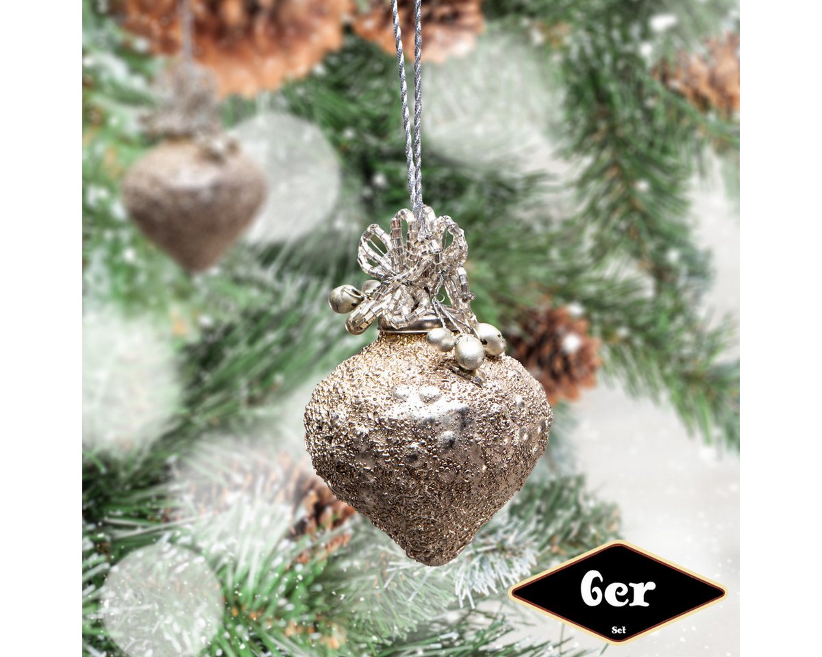 Antikas Weihnachtsfigur Christbaumkugelset, Erdbeere, 6er Set, Glas, silber, Struktur von Antikas