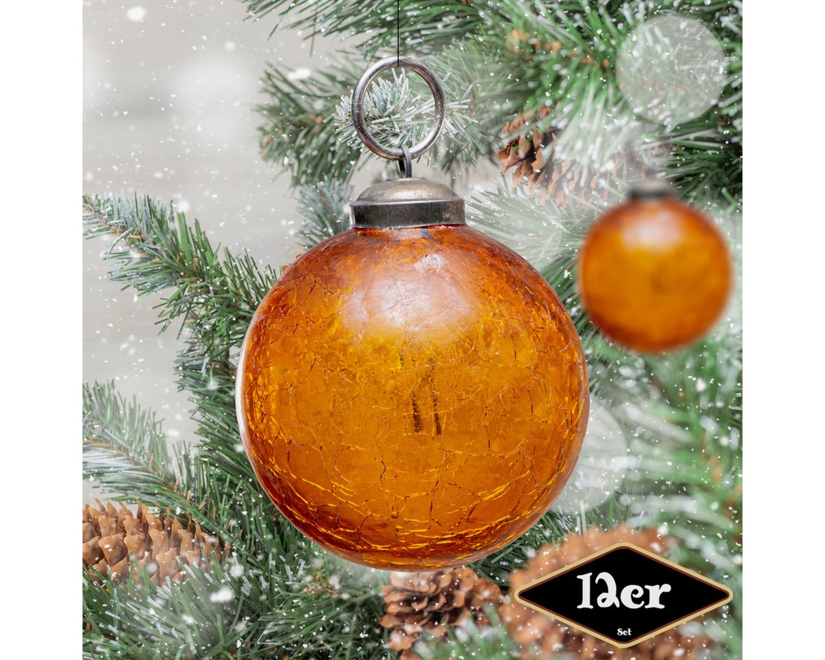 Antikas Weihnachtsfigur Christbaumkugelset, Rund, 12er Set, Glas, Orange, krakeliert von Antikas