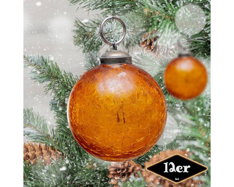 Antikas Weihnachtsfigur Christbaumkugelset, Rund, 12er Set, Glas, Orange, krakeliert von Antikas